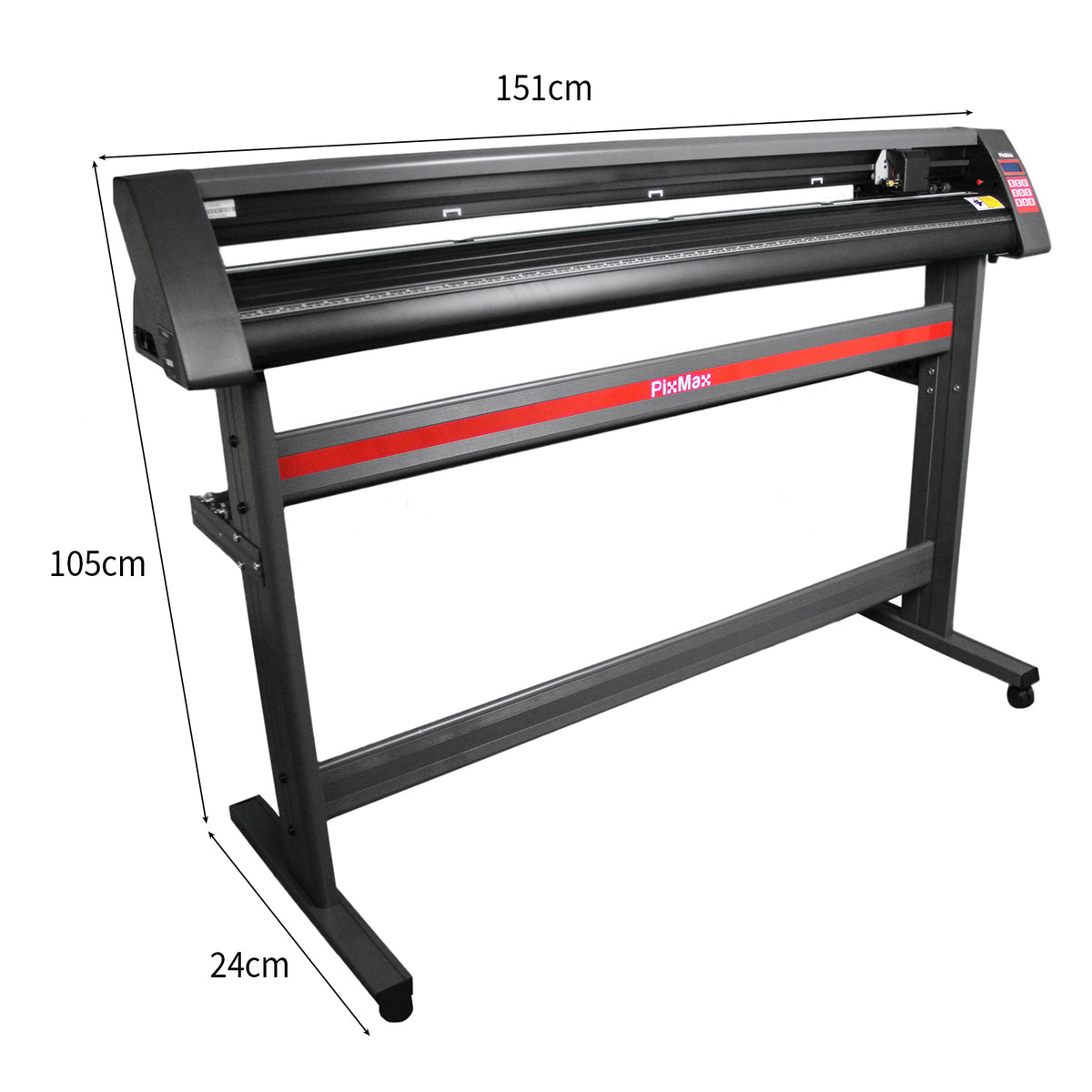 Schwarzer PixMax XL 1350mm Schneideplotter mit rotem Streifen, stabiler Metallrahmen, digitale Steuerung, ideal für präzises Schneiden von Vinyl und Folien