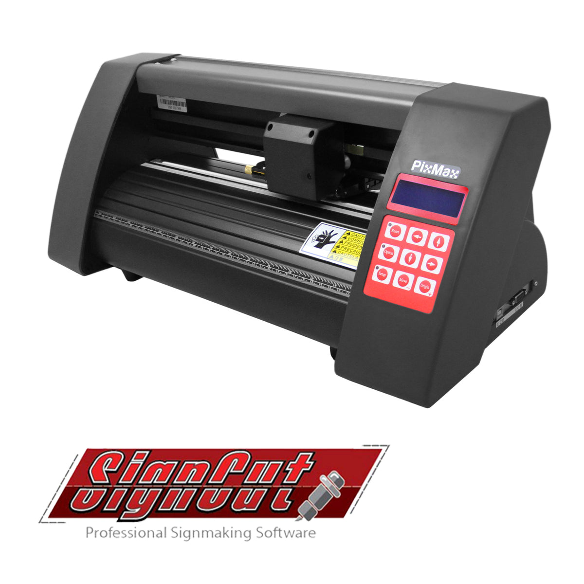 Schwarzer PixMax Mini Schneideplotter mit rotem Bedienfeld und SignCut Pro Software-Logo, ideal für präzises Schneiden und Beschriftungen