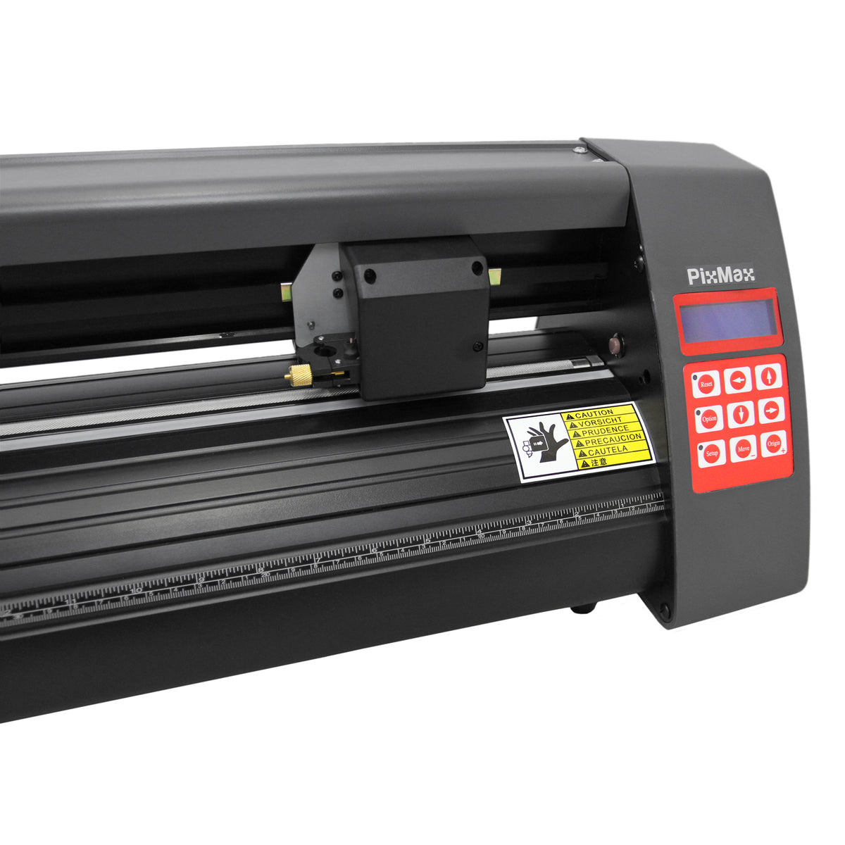 Schwarzer PixMax 360mm Mini Schneideplotter mit rotem Bedienfeld, präzisen Schneidern und Flexi Starter Software für kreative Projekte