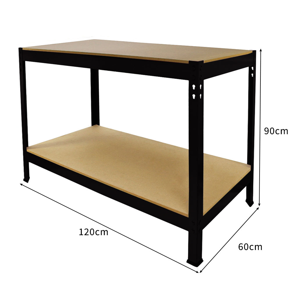 Robuster Q-Rax Werkbank in Schwarz mit einer stabilen MDF-Oberfläche, 120 cm lang, 60 cm tief und 90 cm hoch, ideal für Werkstätten und Heimwerkerprojekte