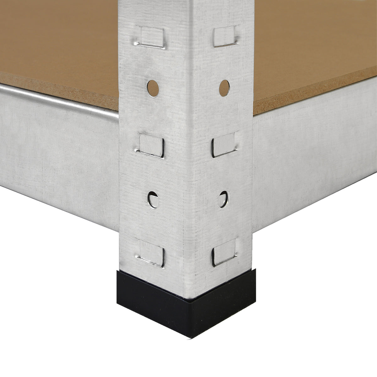 Galvanisiertes Lagerregal mit stabilen, silbernen Metallpfosten, brauner Holzablage und schwarzem Kunststoffsockel für sicheren Stand