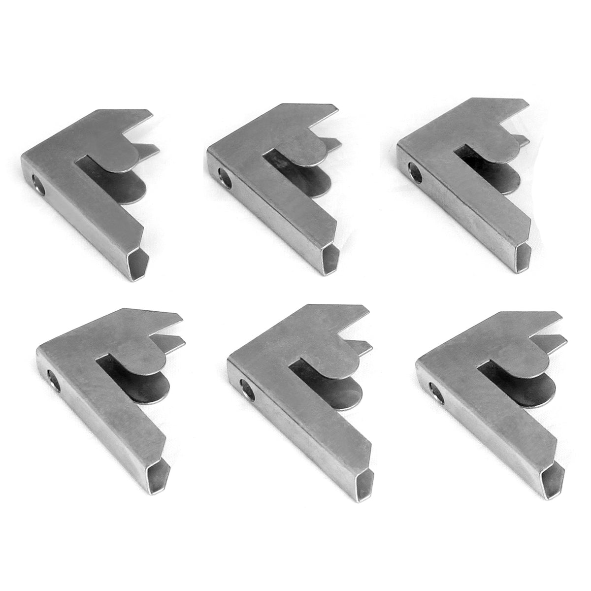Sechs galvanisierte Lagerregal-Halterungen in silberner Metallfarbe, mit einer stabilen, L-förmigen Struktur und glatten Oberflächen für einfache Montage
