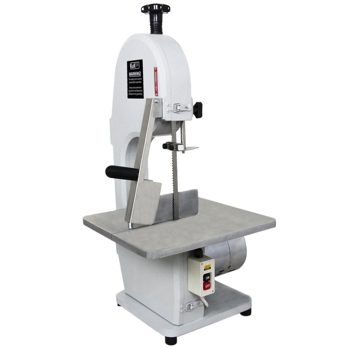 Elektrische Knochensäge mit robustem Edelstahltisch, grauer Oberfläche, verstellbarem Sägeblatt und ergonomischem Griff für präzise Schnitte