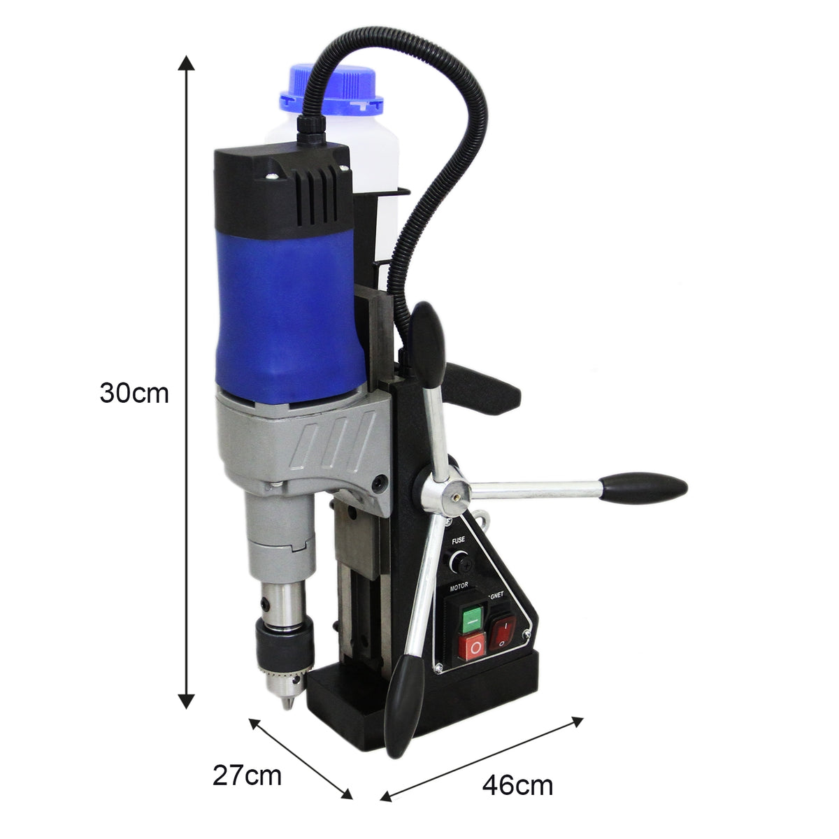Magnetische T-Mech Bohrpresse in Blau und Silber, mit verstellbarem Handgriff, kompaktem Design und integrierter Kühlmittelbehälter für präzises Bohren