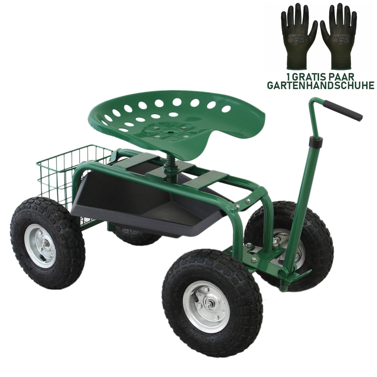 Fahrbarer Gartensitz in Grün mit runder Sitzfläche, robusten Gummireifen, Werkzeugfach und Korb für Gartenbedarf, inklusive gratis Gartenhandschuhe