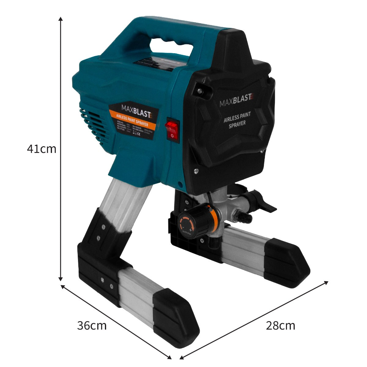 Maxblast Airless Farbsprühgerät in leuchtendem Blau mit robustem Design, Aluminiumfüßen und präziser Sprühdüse, ideal für gleichmäßige Farbaufträge