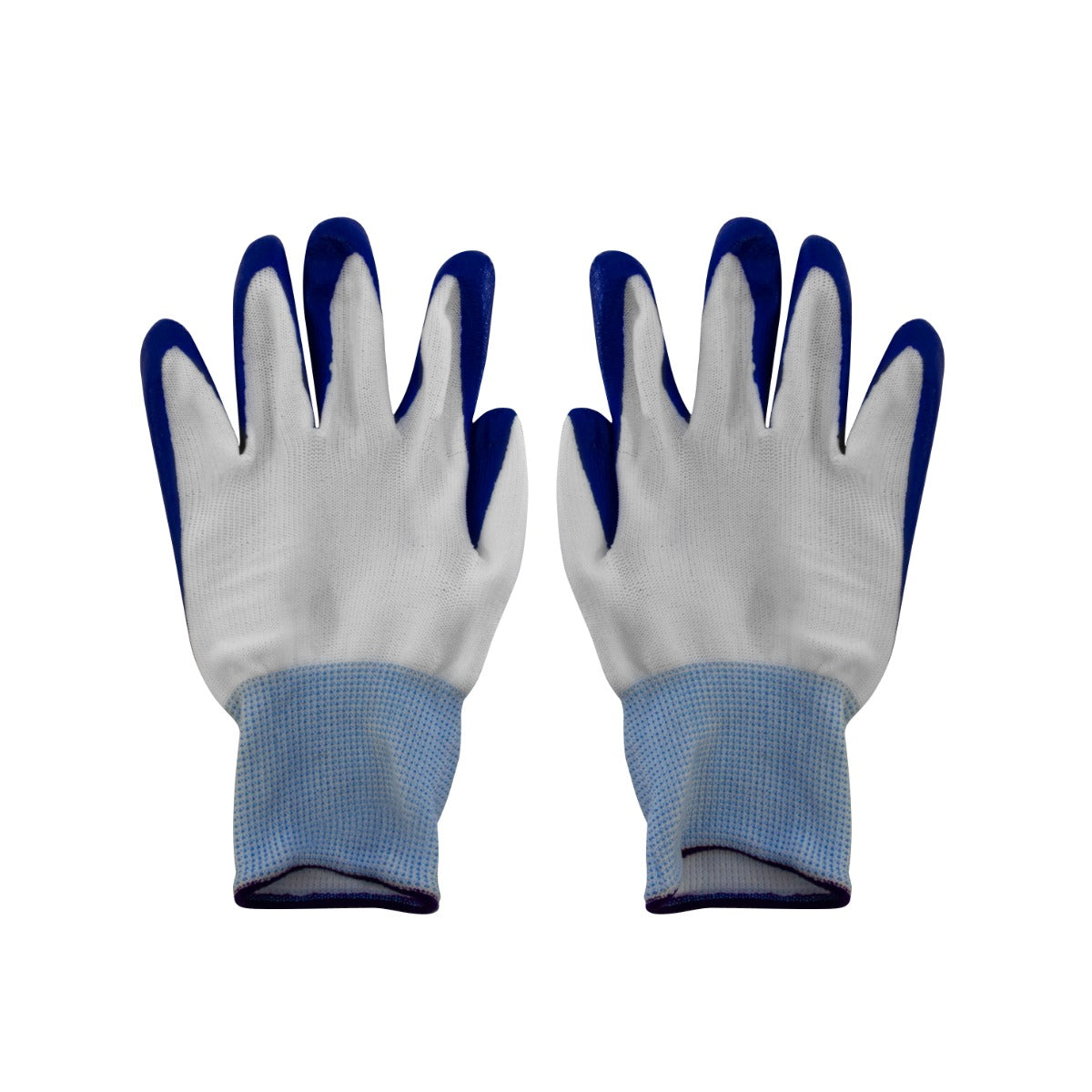 Robuste Arbeitshandschuhe mit grauem Stoff und blauen Gummi-Elementen an den Fingerspitzen, ideal für Malerarbeiten und Schutz beim Sprühen
