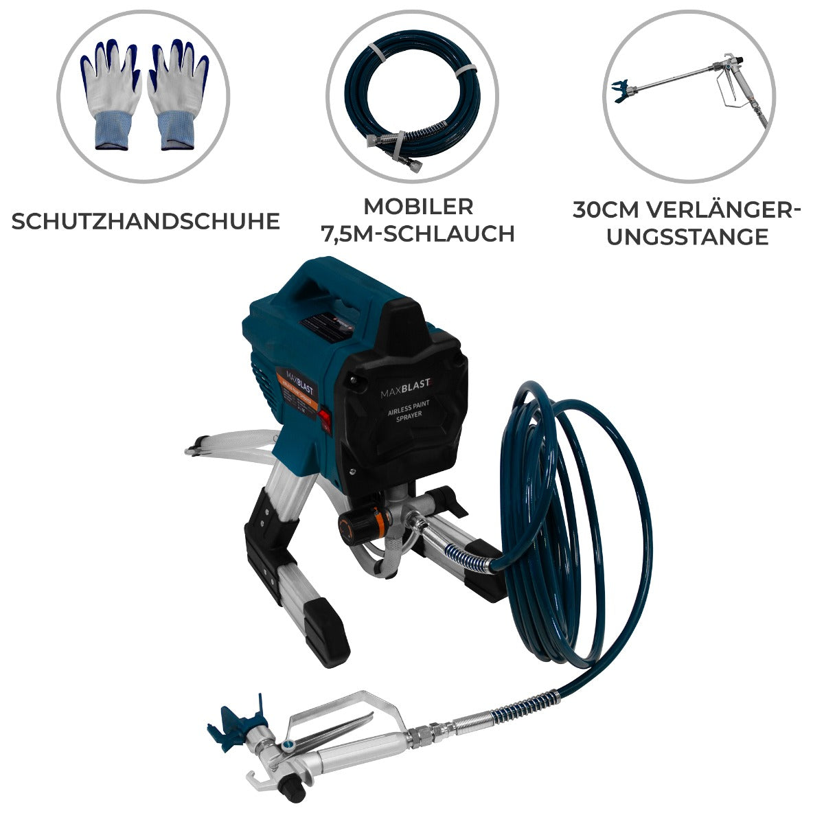 Maxblast Airless Farbsprühgerät in Blau und Schwarz, ausgestattet mit 7,5 m Schlauch, 30 cm Verlängerungsstange und Schutzhandschuhen für präzises Sprühen