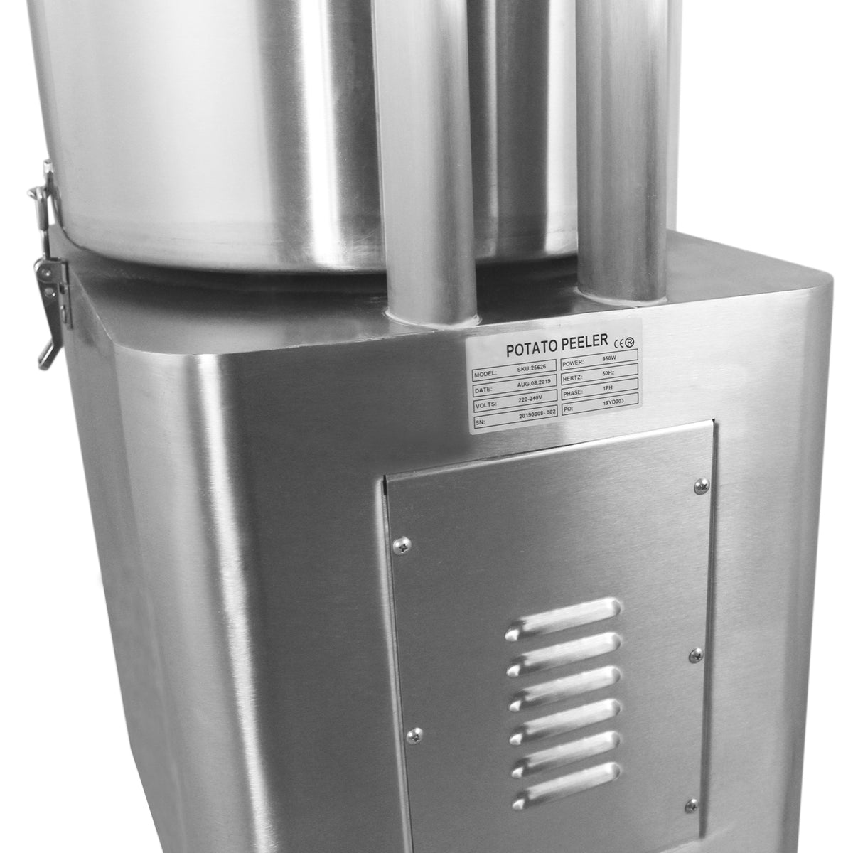 Kommerzielle Kartoffelschälmaschine aus Edelstahl mit großem, glänzendem Behälter, zwei Auslässen und robustem, funktionalem Design für effizientes Schälen
