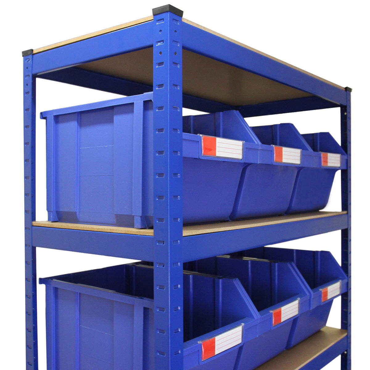 Blauer T-RAX Regal mit 12 Lagerkästen, stabiler Metallrahmen, glatte Oberflächen, praktische Beschriftungsfelder für einfache Organisation