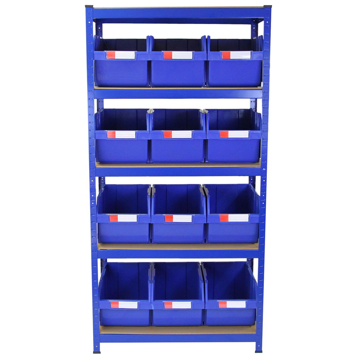 Blauer T-RAX Regal mit 12 Lagerkästen, stabiler Metallrahmen, vier Regalböden, ideal zur Aufbewahrung und Organisation von Werkzeugen und Zubehör
