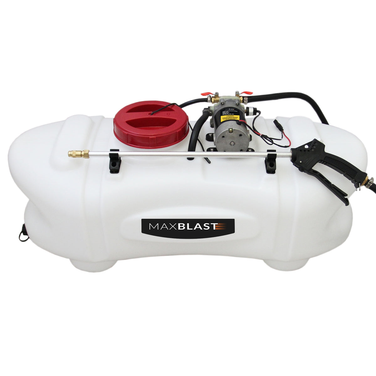 Weißer 60L Sprühtank mit rotem Deckel, Pumpe und Schlauch, ideal für ATV-Quad-Düngersprühgeräte, robustes Kunststoffmaterial, kompakte Form