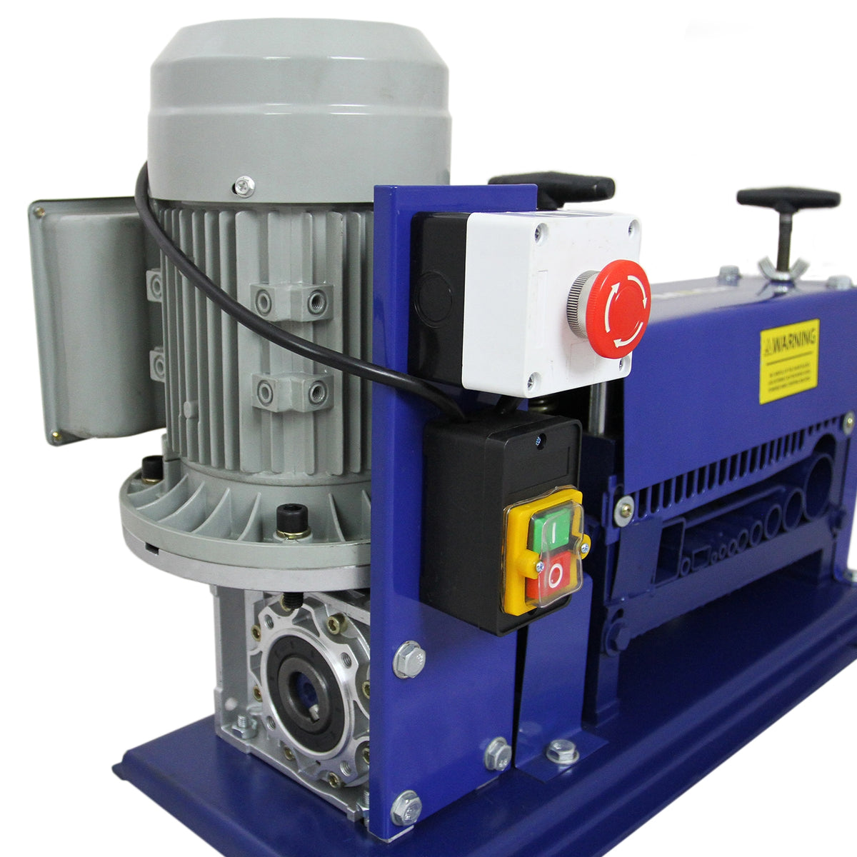 Automatische Abisolierzange in Blau mit grauem Motor, Steuerungstasten in verschiedenen Farben, robustes Design für effizientes Abisolieren von Kabeln