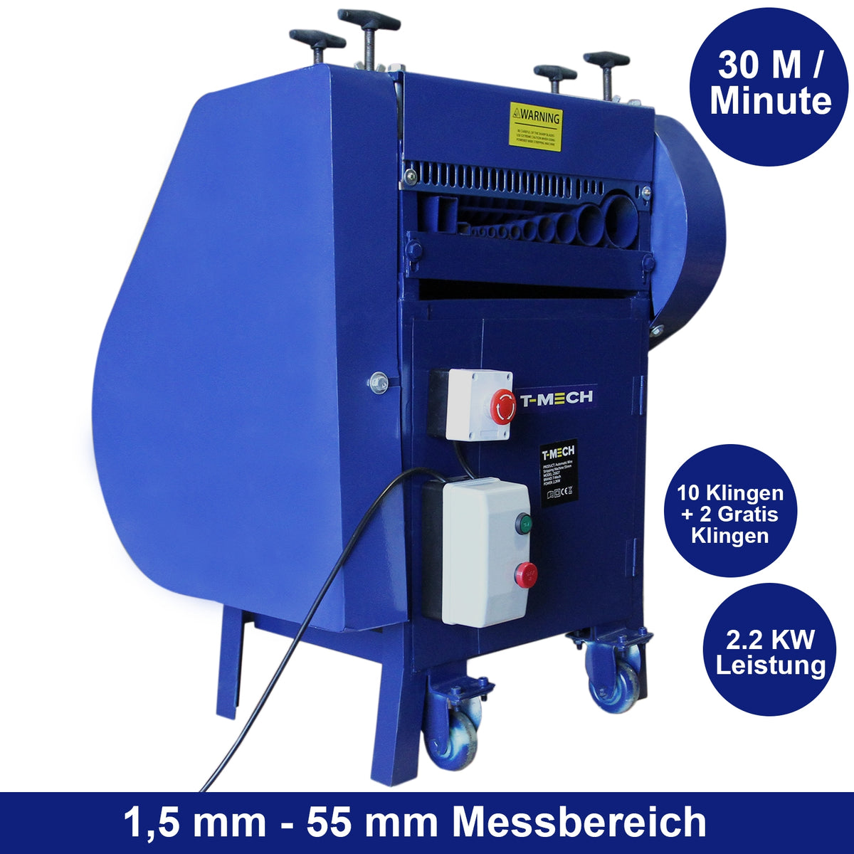 Automatische Abisolierzange in Blau mit 10 Klingen, 2 Gratis-Klingen, 2,2 kW Leistung, für Kabel von 1,5 mm bis 55 mm, auf stabilen Rollen