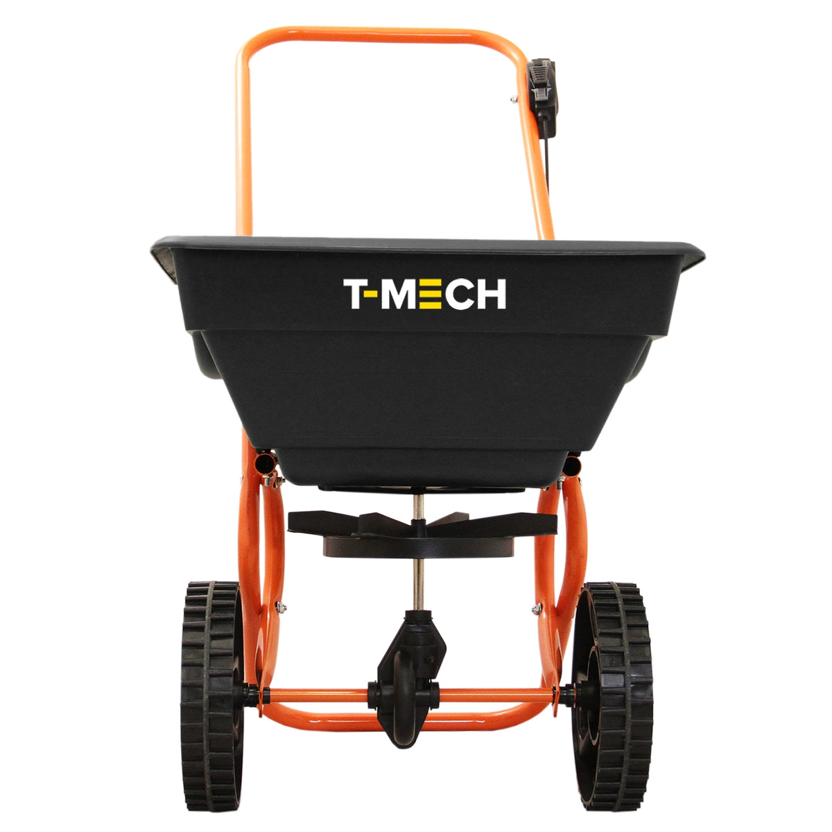 Schwarzer 25L Saatgut Streuwagen mit orangefarbenem Griff und stabilen Gummirädern, ideal für gleichmäßiges Streuen von Samen und Dünger