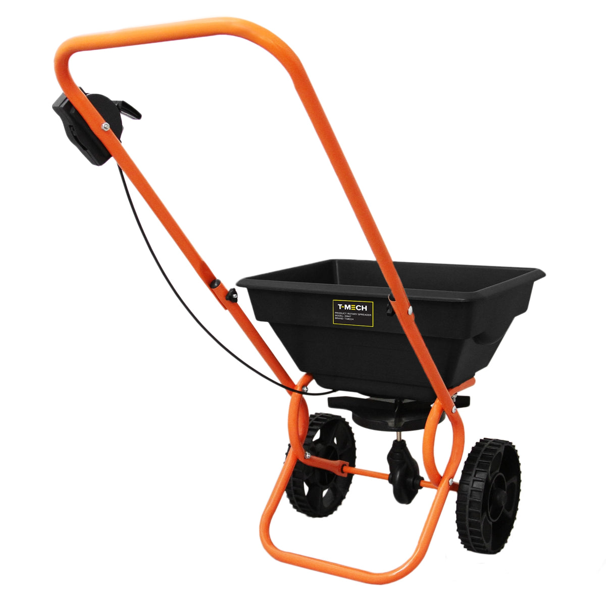 Robuster Saatgut Streuwagen mit 25L schwarzem Behälter, orangefarbenem Metallrahmen und großen, stabilen Rädern für einfaches Handling im Garten