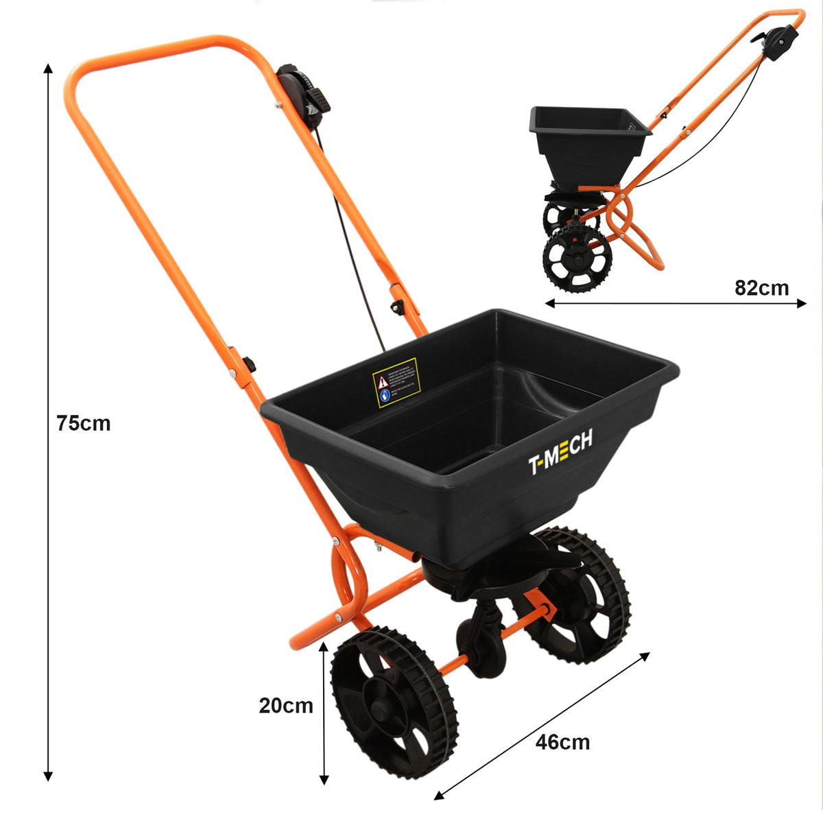 Schwarzer 25L Saatgut Streuwagen mit orangefarbenem Gestell, großen Rädern und verstellbarem Griff, ideal für gleichmäßiges Streuen von Saatgut