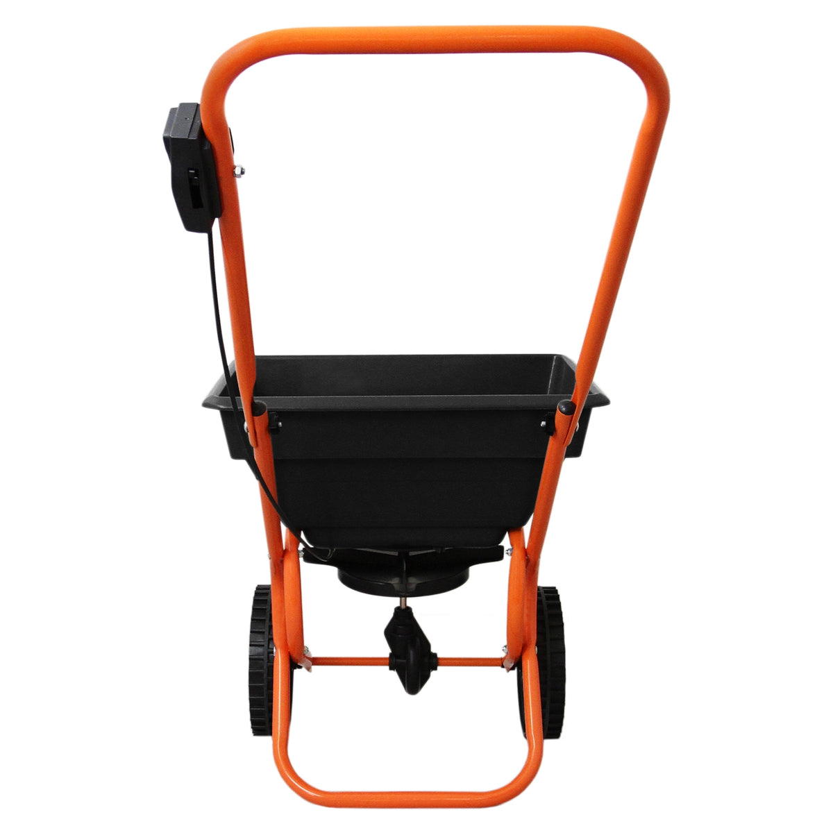 Robuster 25L Saatgut Streuwagen mit orangefarbenem Gestell, schwarzem Behälter und großen Rädern für einfaches Streuen von Saatgut und Dünger