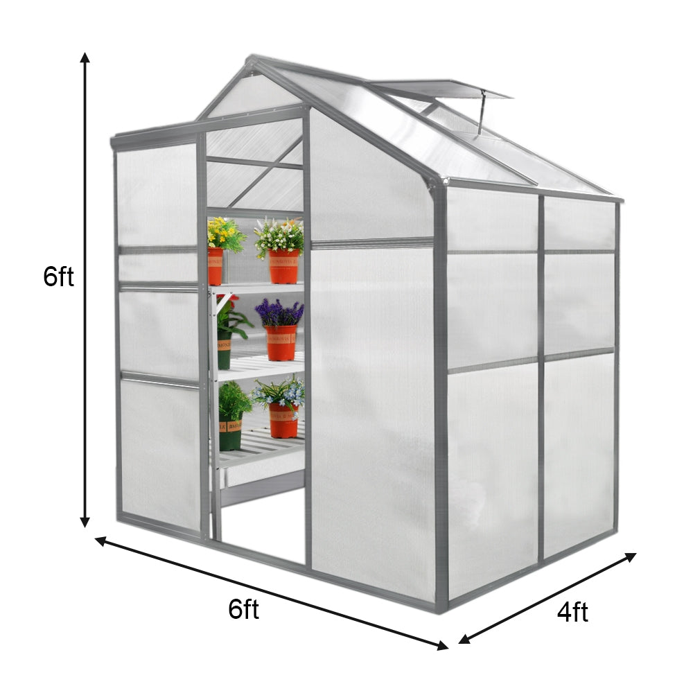 Gewächshaus in Grau mit transparenten Wänden, zwei Regalen für Pflanzen, ideal für Gartenliebhaber, Maße 1,8m x 1,2m, ohne Boden