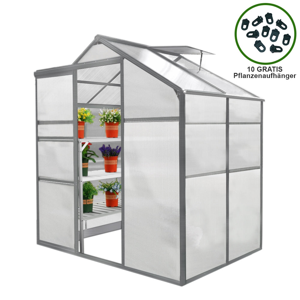 Gewächshaus 1.8m x 1.2m ohne Boden, mit transparenten Polycarbonatwänden, grauem Metallrahmen und mehreren Regalen für Pflanzen, inklusive 10 Gratis Pflanzenaufhängern