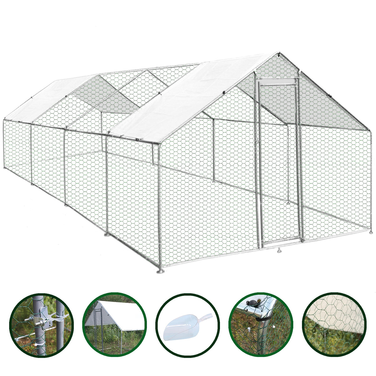 Geräumiger Hühnerfreilauf 4m x 8m x 2m aus verzinktem Stahl mit stabilen Netzwänden und einem weißen, wasserdichten Dach für optimalen Schutz und Komfort