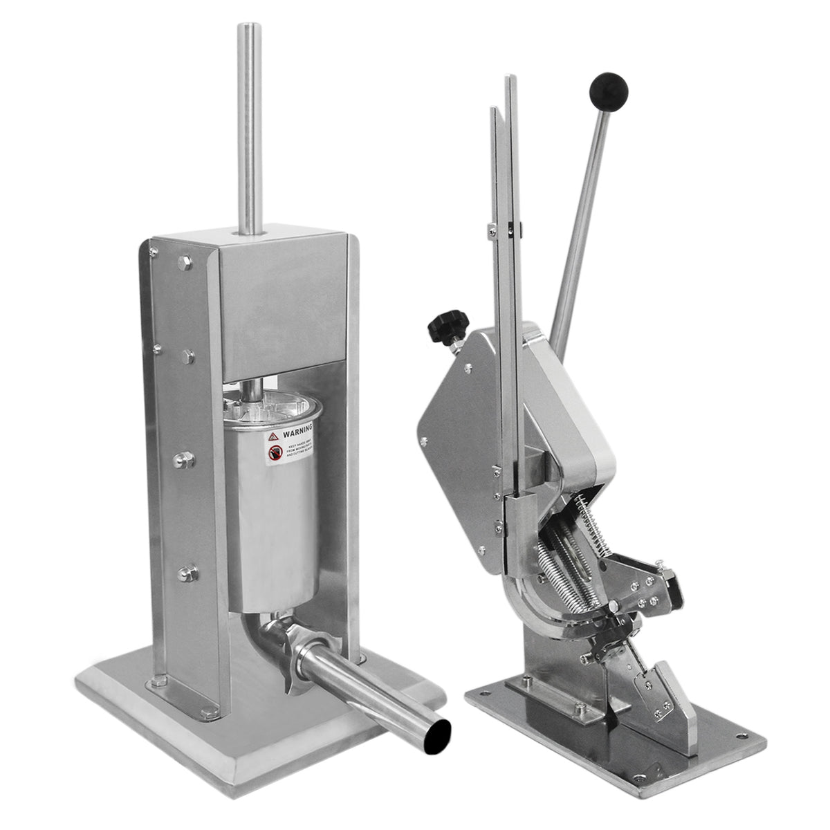 Kukoo Wurstfüller aus Edelstahl mit glänzender Oberfläche und Wurstclipper, beide robust und funktional, ideal für die Wurstherstellung zu Hause