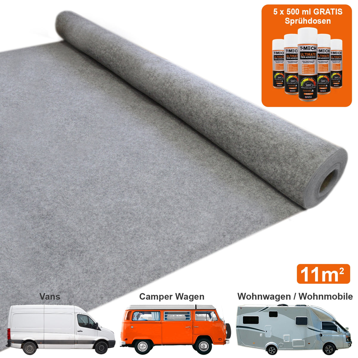Grau gefärbter Teppich mit weicher, filzartiger Textur, zusammen mit fünf Dosen Mehrzweckkleber, ideal für Vans und Wohnmobile, 11m² Fläche