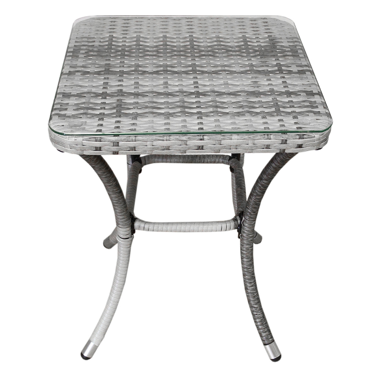 Hellgraues Rattan Bistro-Set mit quadratischem Tisch und klarem Glasoberteil, ideal für gemütliche Außenbereiche oder Balkone