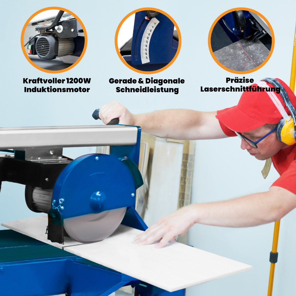 Kraftvoller Fliesenschneider mit 1200W Induktionsmotor, präzise Laserschnittführung, schneidet gerade und diagonale Fliesen auf einem stabilen Tisch