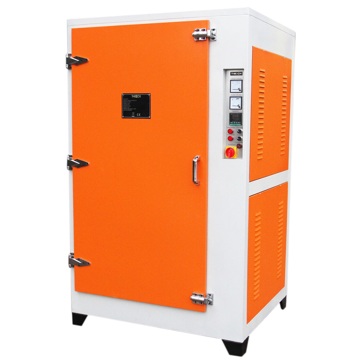 Pulverofen Lackieranlage in Weiß mit leuchtend orangefarbener Tür, robustem Gehäuse und Bedienfeld für präzise Temperatureinstellungen