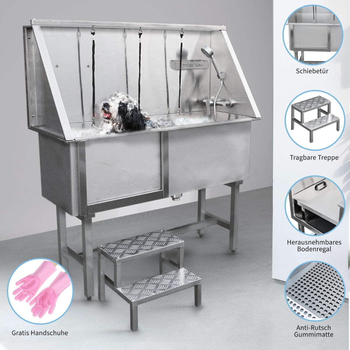 Edelstahl Haustier Badewanne mit schiebbarer Tür, rutschfester Gummimatte, abnehmbarer Bodenregal und tragbarer Treppe, ideal für das Baden von Hunden