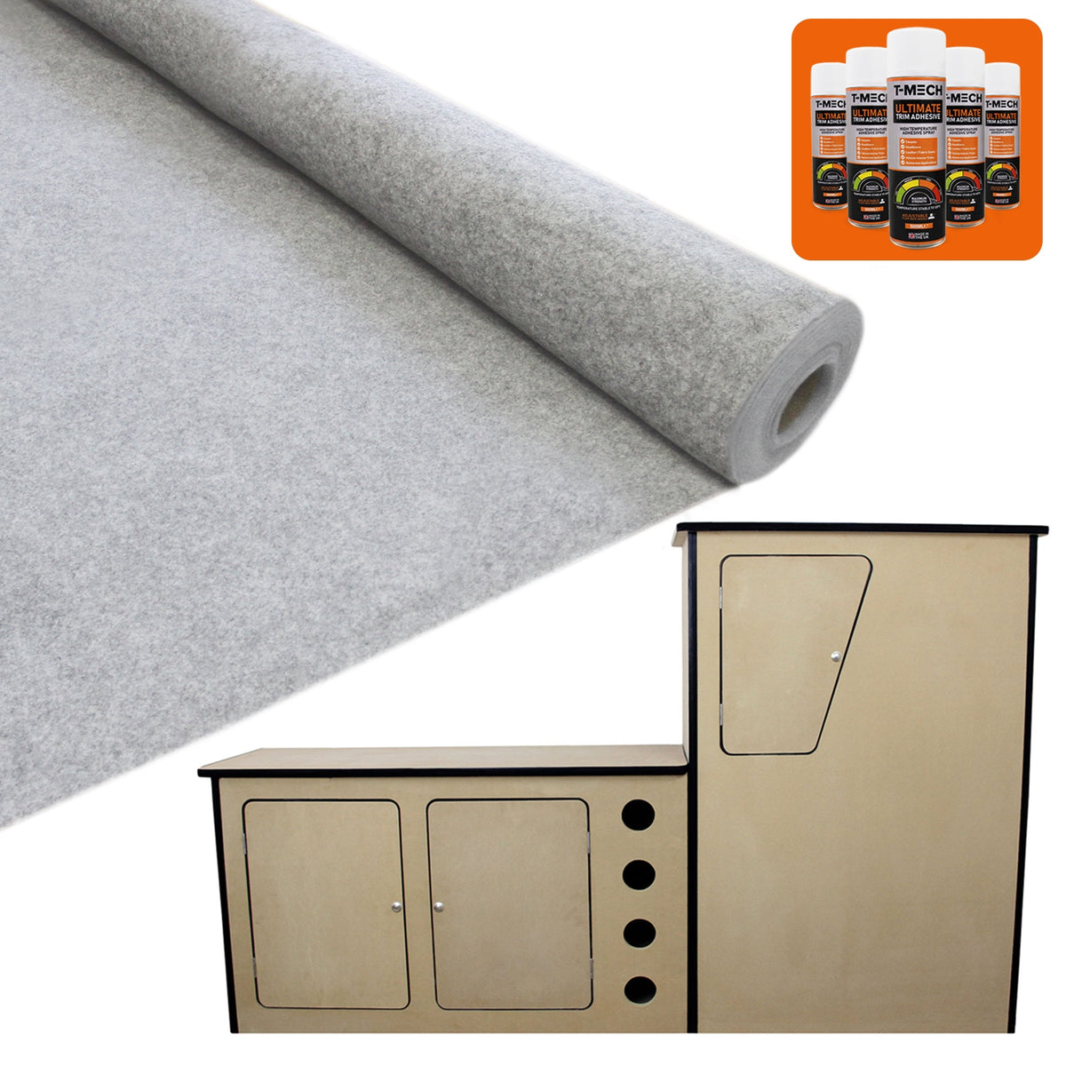 Silbergraue Auto-Verkleidung aus hochwertigem Material, kombiniert mit einer kompakten Wohnwagenküche in hellem Holzdesign, ideal für VW T4