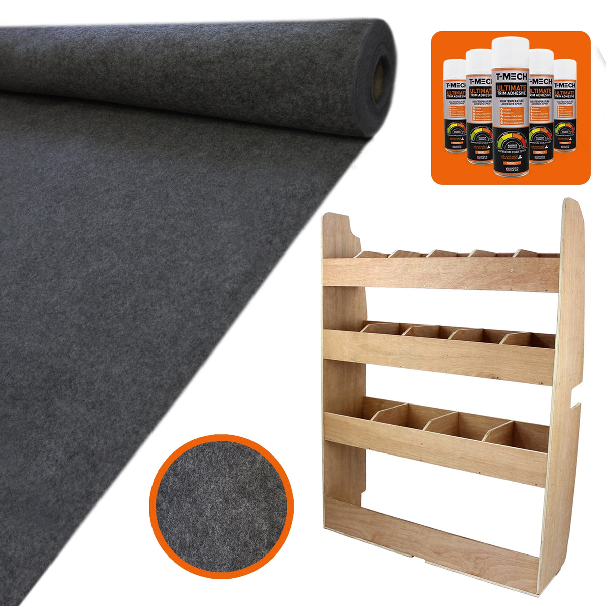 Fahrzeugregal aus Holz mit mehreren Fächern, grauer Teppich-Verkleidung und Kleberflaschen in einem Set, ideal für die Fahrzeugorganisation