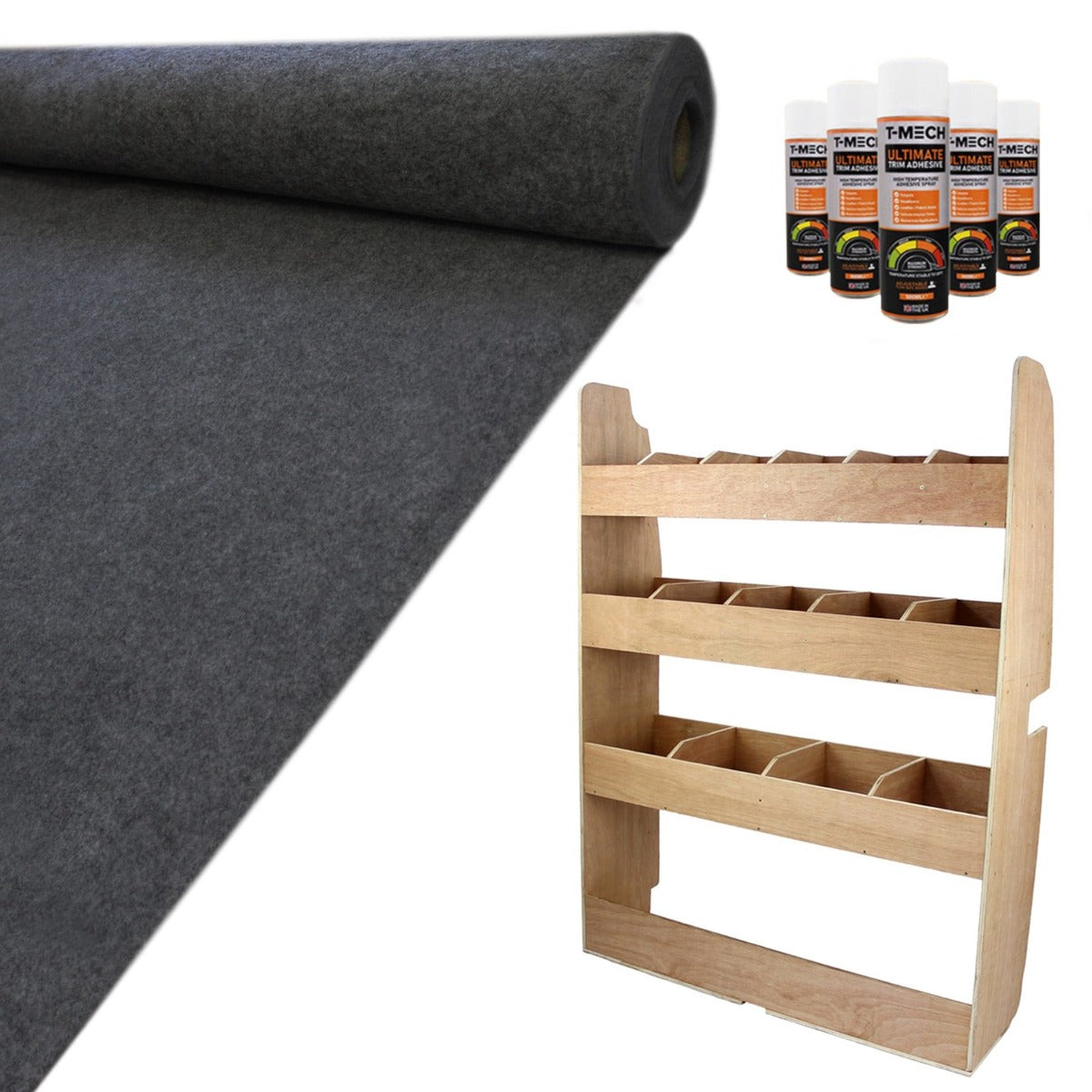 Fahrzeugregal aus Holz mit mehreren Fächern, grauer Teppichbelag und Kleberflaschen in verschiedenen Größen, ideal für die Fahrzeuginneneinrichtung