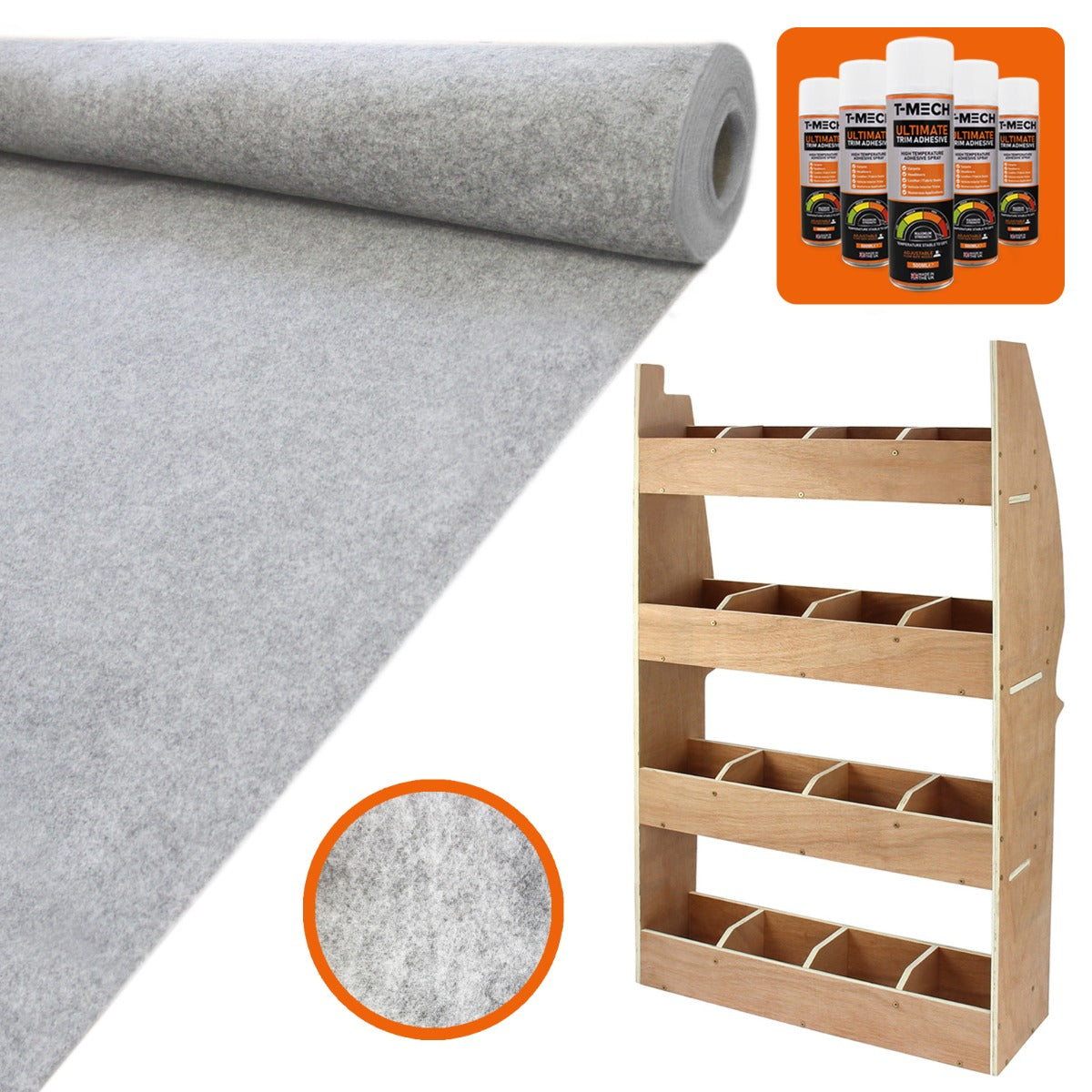 Silbergraue Teppich-Verkleidung aus weichem Material, kombiniert mit einem hellen Holzregal mit mehreren Fächern für praktische Aufbewahrung