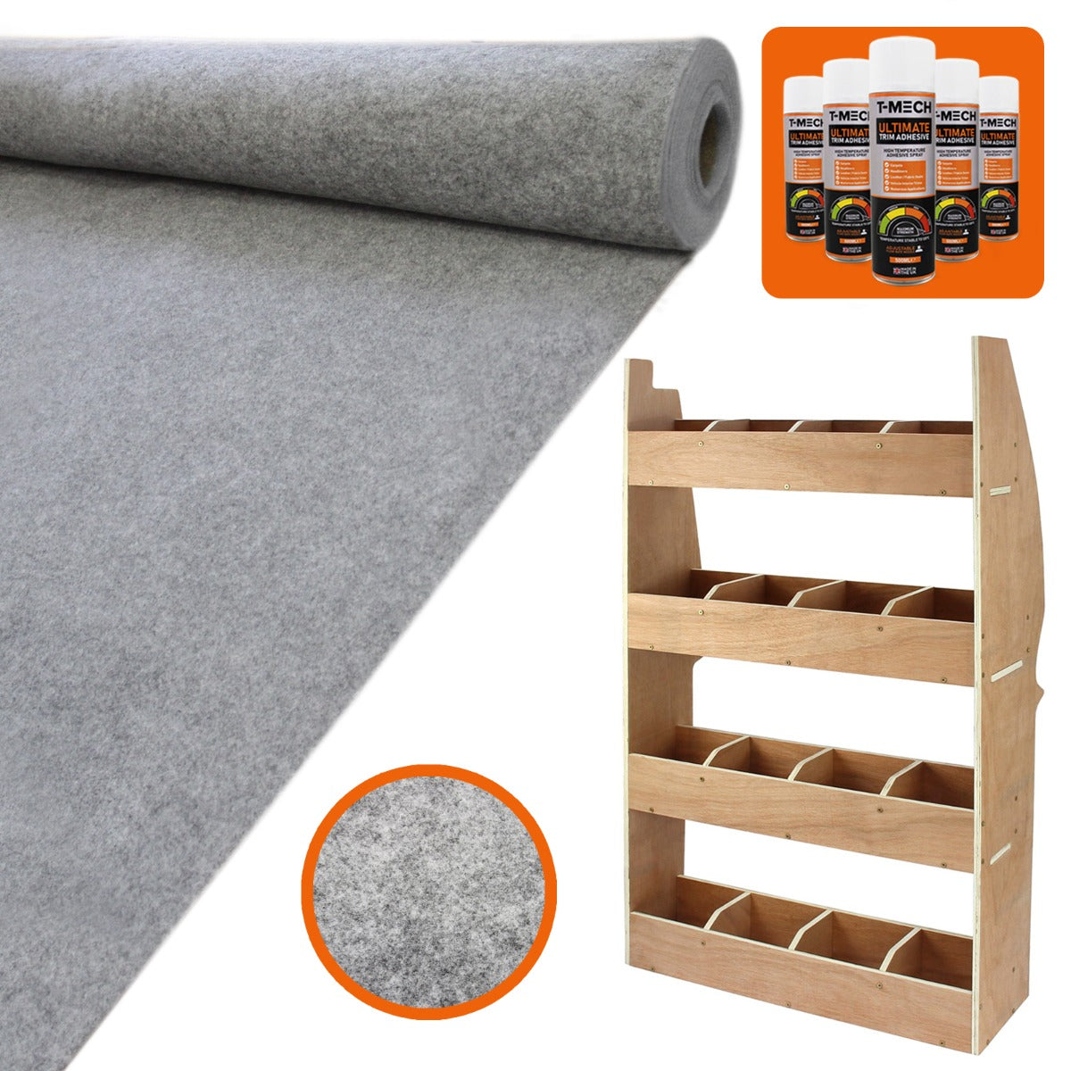 Grau Teppich-Verkleidung aus strapazierfähigem Material, kombiniert mit einem hellen Holzregal mit sechs Fächern für Citroen Berlingo, ideal für Ordnung und Stil