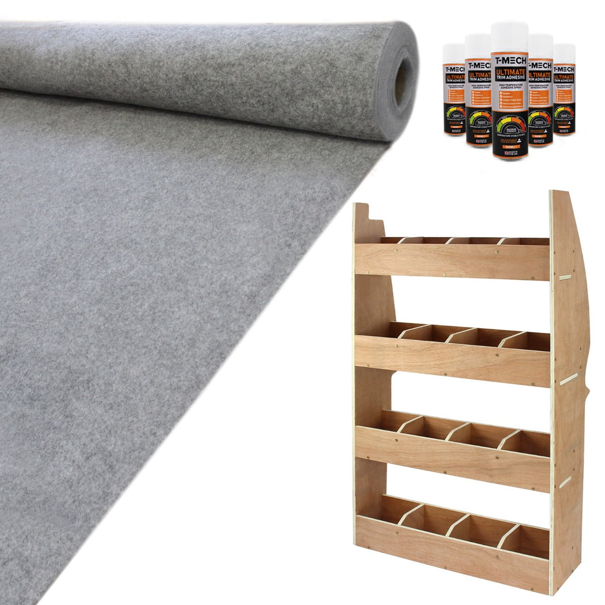 Grau Teppich-Verkleidung aus hochwertigem Material, zusammen mit einem Holzregal für Citroen Berlingo, ideal für Ordnung und Stil im Fahrzeug