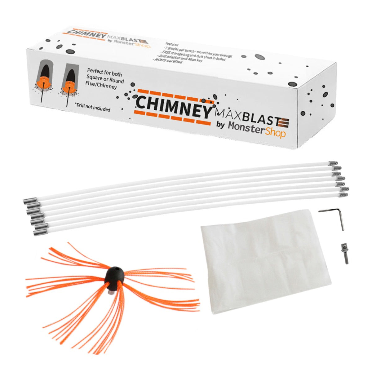 Schornsteinbürste mit 9m flexiblen Borsten in Orange und Schwarz, inklusive Zubehör und Verpackung, ideal für quadratische und runde Schornsteine