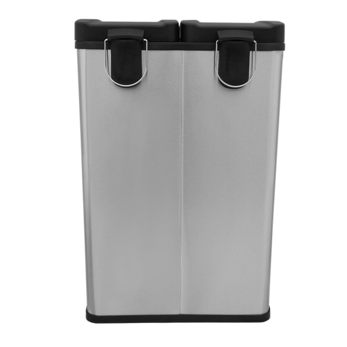 Doppelter Tretmülleimer aus Edelstahl mit zwei Fächern, schwarzem Deckel und robustem, modernem Design, ideal für Mülltrennung und Küchenorganisation