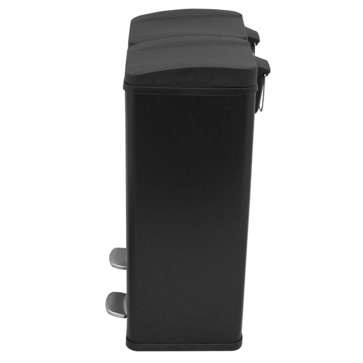 Schwarzer 60l Doppel-Tretmülleimer mit zwei separaten Fächern, robustem Metallmaterial und praktischen Fußpedalen für müheloses Öffnen