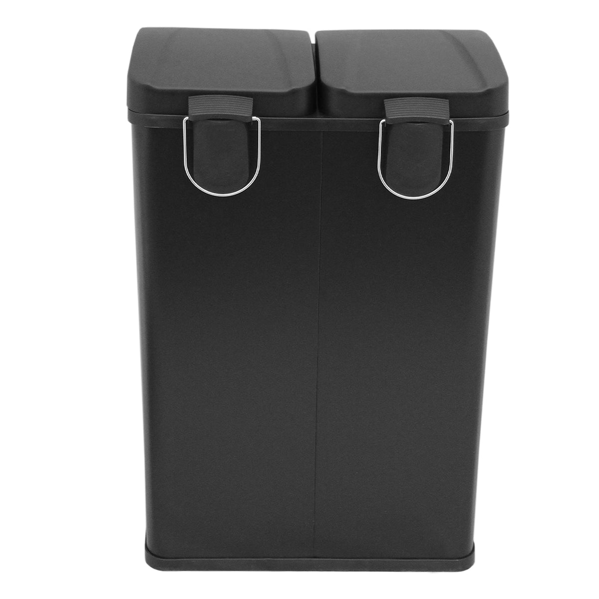 Schwarzer 60l Doppel-Tretmülleimer mit zwei Fächern, robustem Kunststoff, eleganter Form und praktischen Haltegriffen für einfachen Zugang