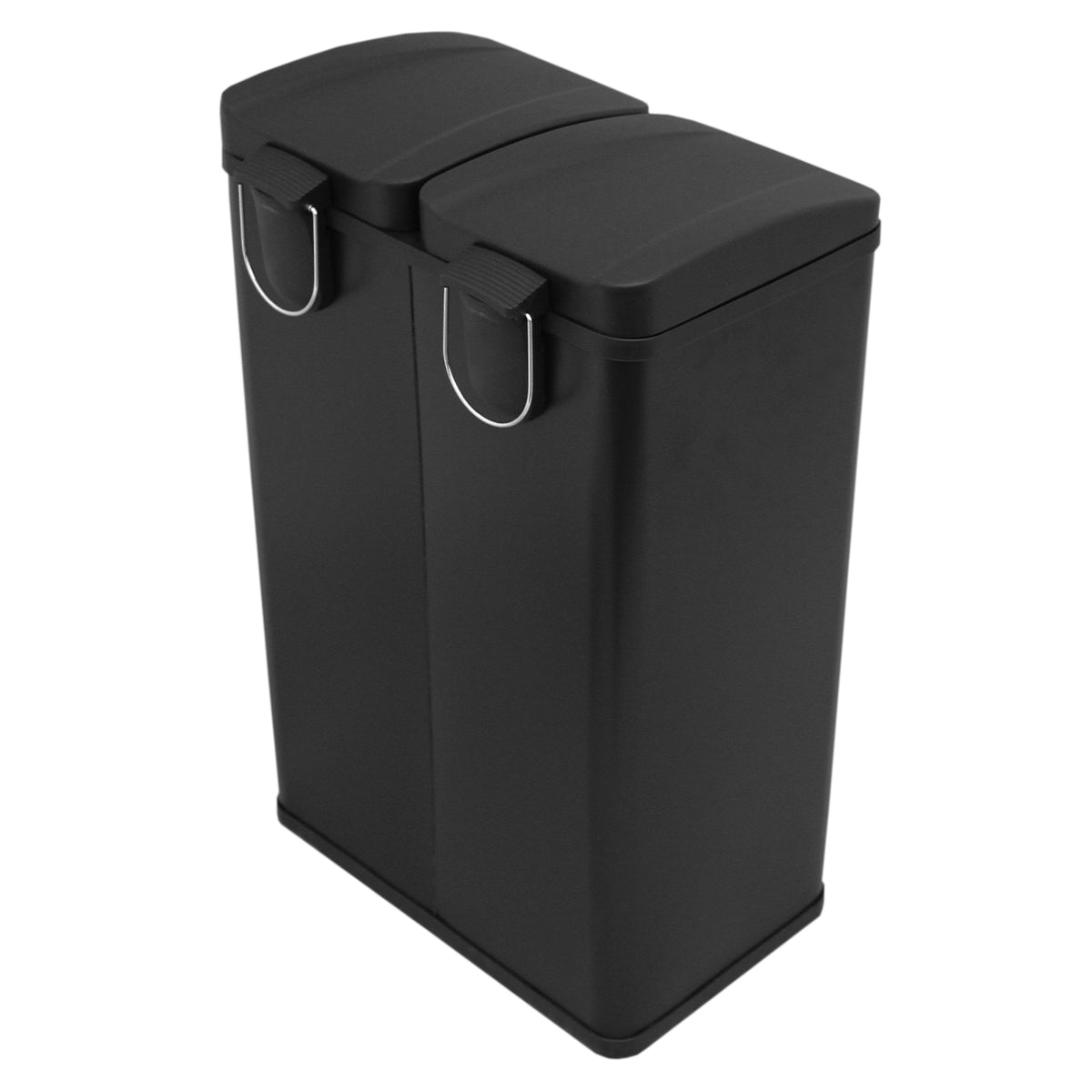 Doppelter Tretmülleimer in Schwarz mit zwei separaten Fächern, aus robustem Kunststoff, ideal für Mülltrennung und platzsparend im Design
