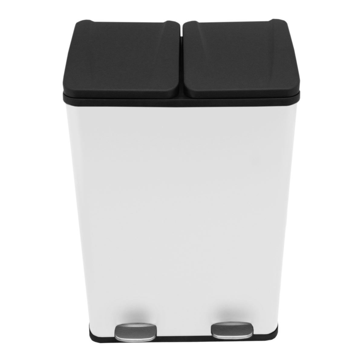 Doppelter Tretmülleimer in Weiß mit zwei Fächern, schwarzem Deckel und Fußpedalen, ideal für Mülltrennung und platzsparend im Design