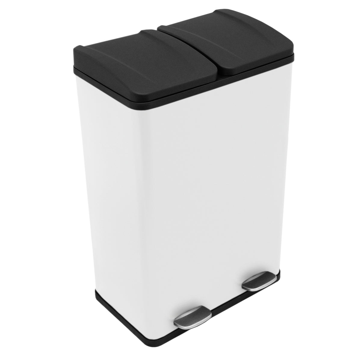 Doppelter Tretmülleimer in Weiß mit zwei schwarzen Deckeln, aus robustem Material, ideal für Mülltrennung und platzsparend im Design