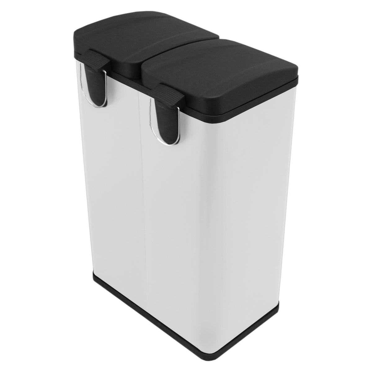Zweifacher Tretmülleimer in Weiß mit zwei schwarzen Deckeln, aus robustem Material, ideal für Mülltrennung und platzsparend im Design