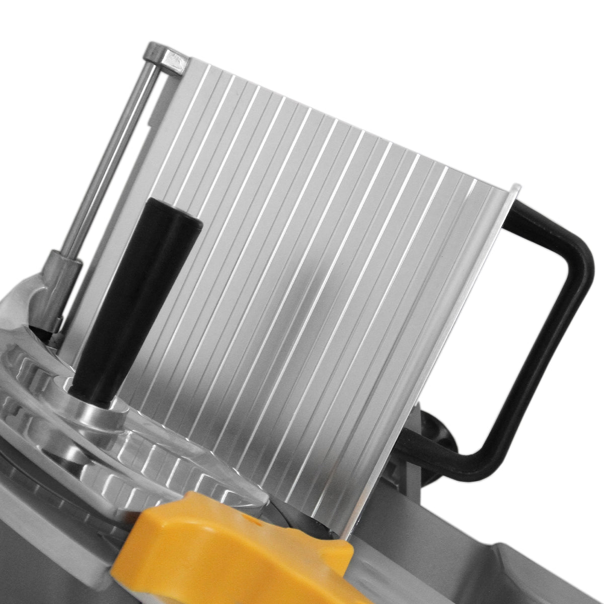 Kommerzielle KuKoo Aufschnittmaschine mit 30 cm Klinge, silberner Aluminium-Oberfläche, robustem Griff und präziser Schnittführung für gleichmäßige Ergebnisse