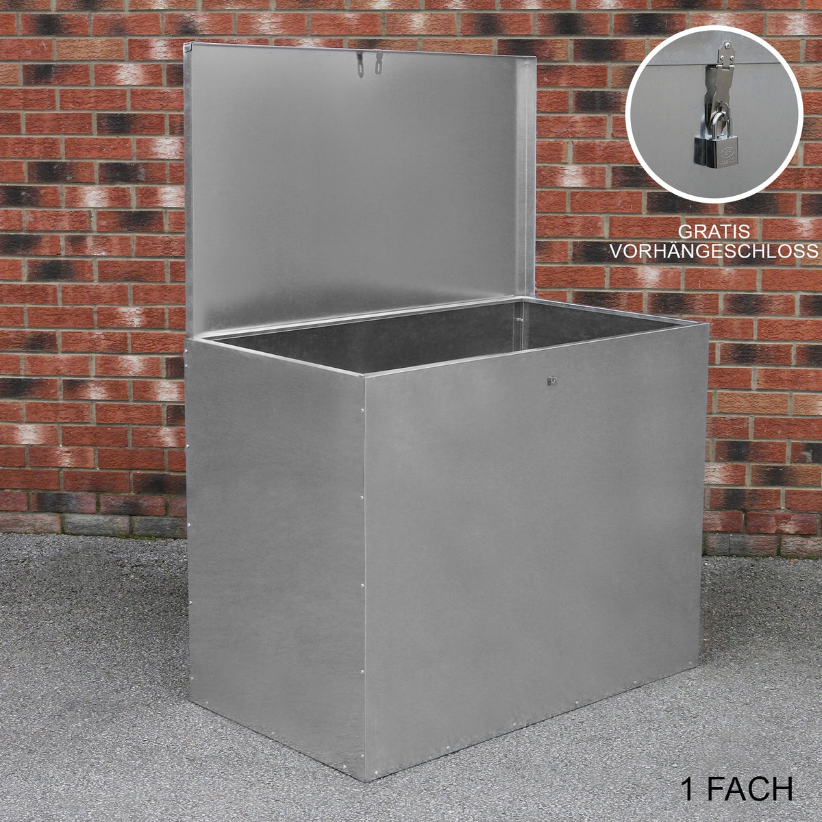 Verzinkter Futterbehälter mit einem Fach, silberne Metalloberfläche, robuste Bauweise, ideal für die Lagerung von Tierfutter, inklusive gratis Vorhängeschloss