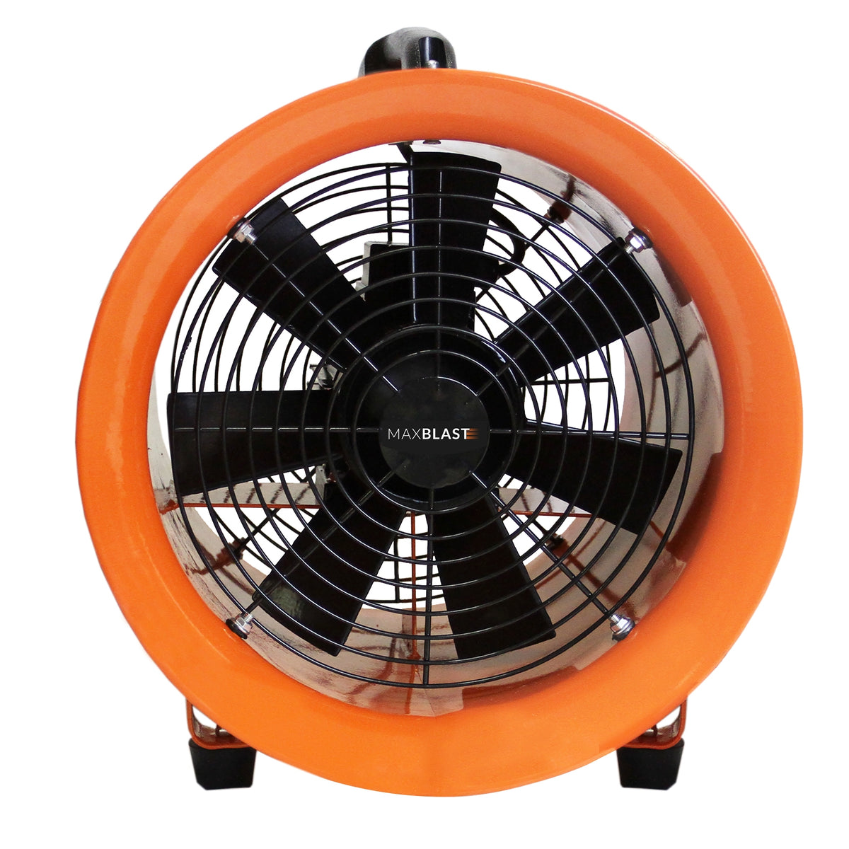 Professioneller MAXBLAST Industrieventilator in leuchtendem Orange mit 250 mm Durchmesser, 320W Leistung und robustem Metallgitter für optimale Luftzirkulation