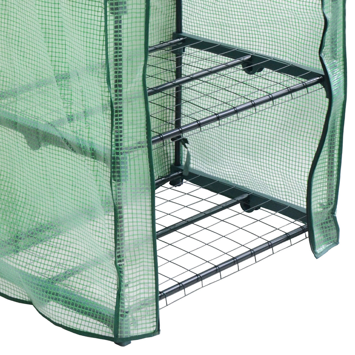 Mini-Gewächshaus mit vier stabilen Regalen, umhüllt von einer transparenten, grünen Polyethylen-Abdeckung, ideal für Pflanzenzucht und Schutz