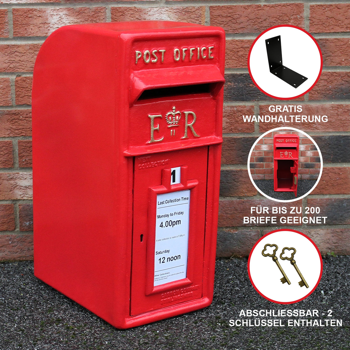 Roter Briefkasten im englischen Stil mit glänzender Oberfläche, klassischem Design und integrierter Wandhalterung, geeignet für bis zu 200 Briefe